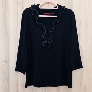 RED Saks Fifth Ave Ruffle Neck Sweater Knit Top Womens XL Black Parisian Classic